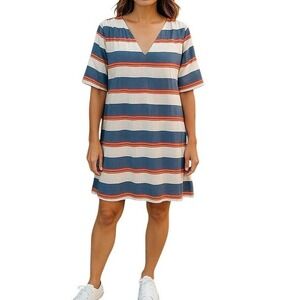 Traffic People‎ Linen Blend Blue Orange Stripe Casual Minimalist Dress Small